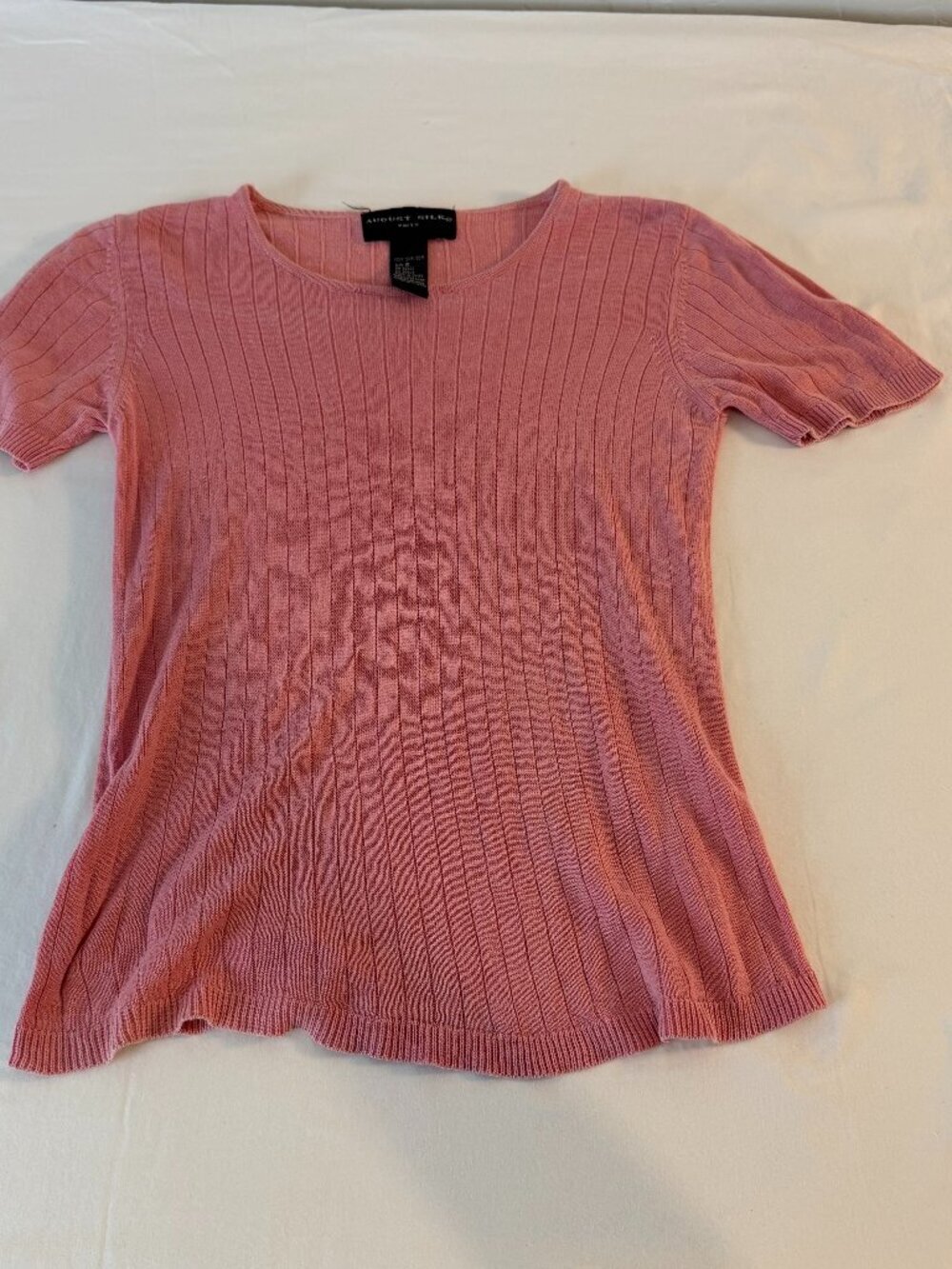 August Silk Knits Women's 100% Silk Rib Knit Short Sleeve Sweater Pink Size S